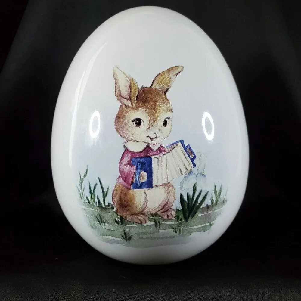 VTG Decorative Ceramic Egg With Easter Bunny Playing Accordion 6.5